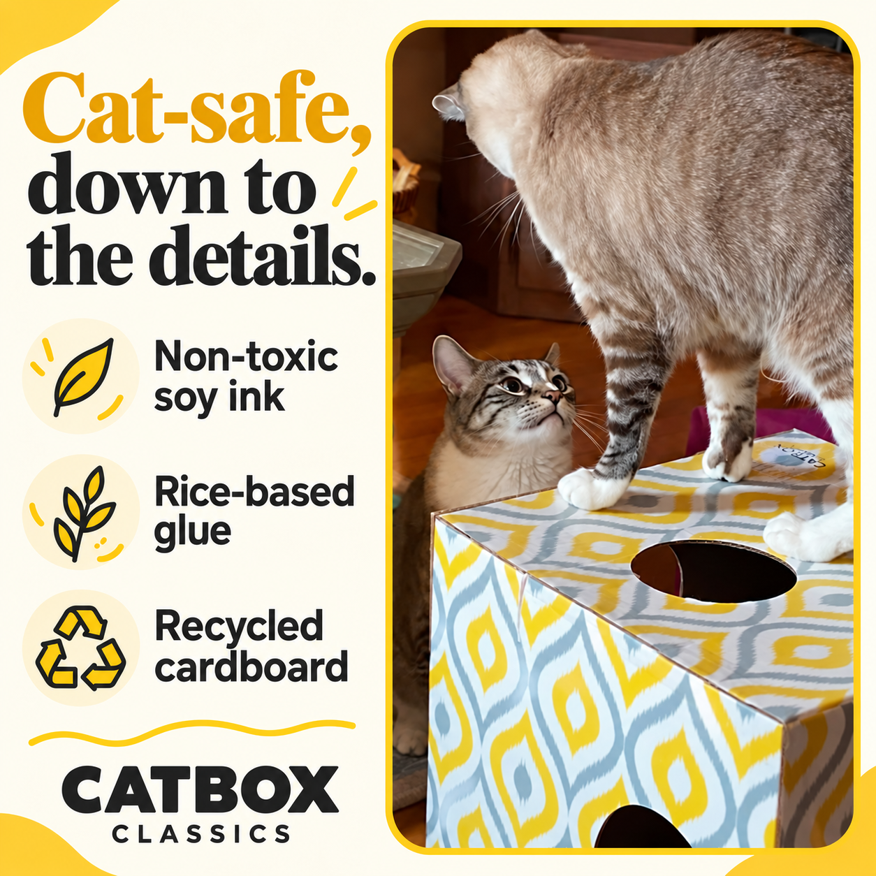 Meow Yellow Cardboard Cat House with Scratcher