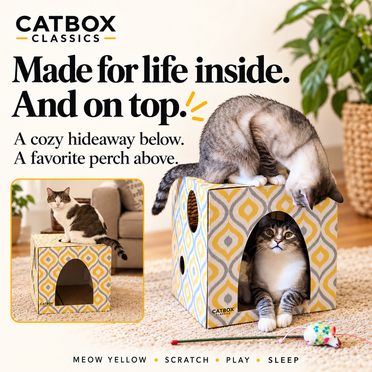 Meow Yellow Cardboard Cat House with Scratcher