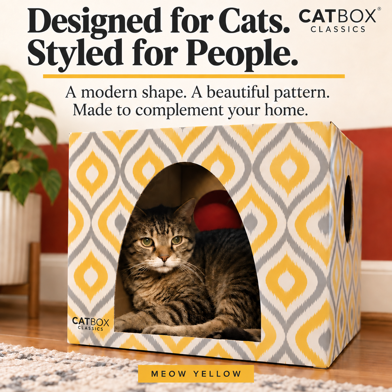 Meow Yellow Cardboard Cat House with Scratcher