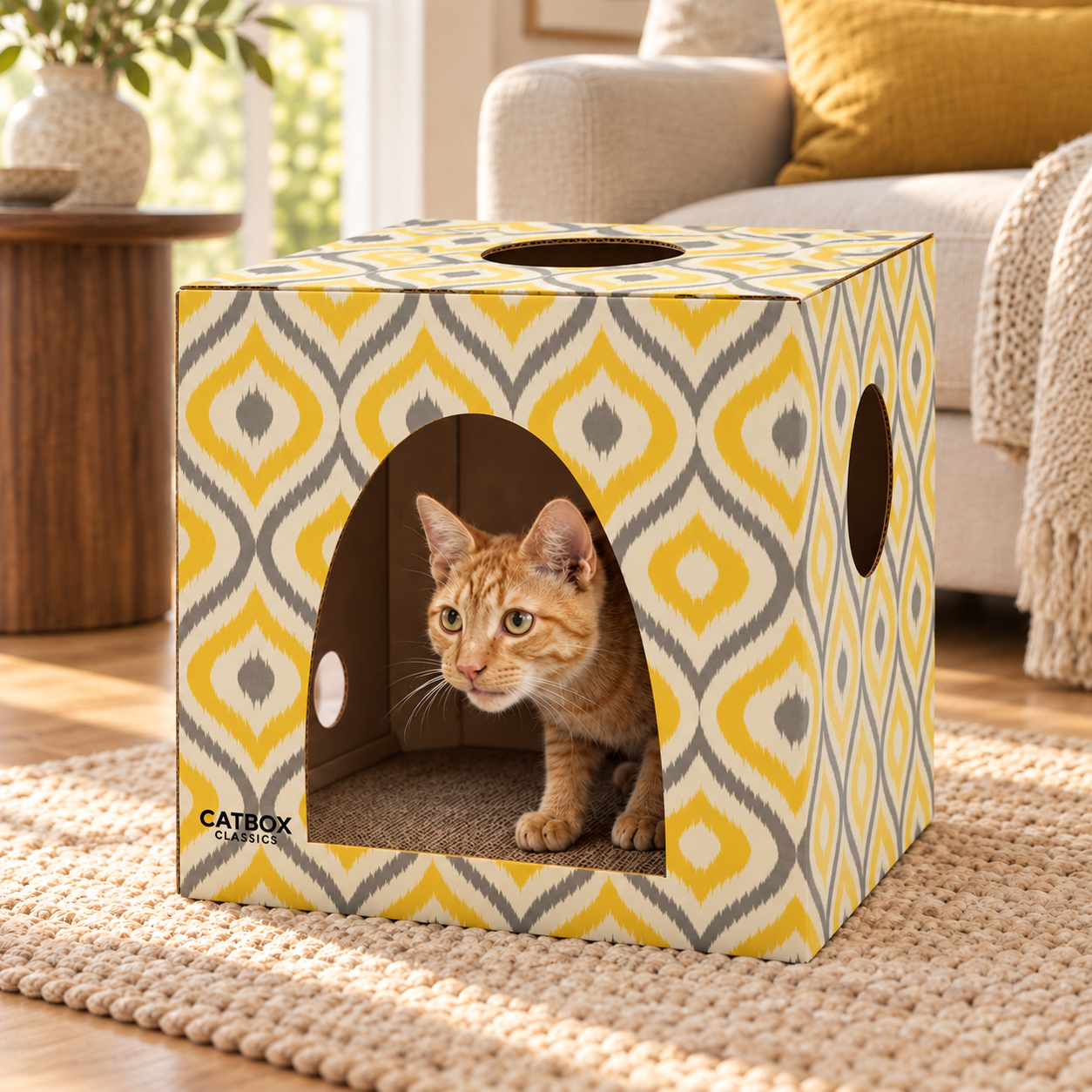 Meow Yellow Cardboard Cat House with Scratcher