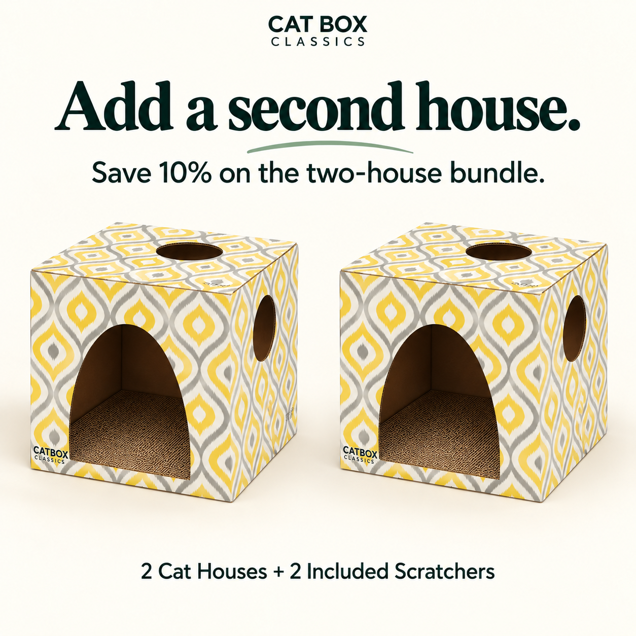 Meow Yellow Cardboard Cat House with Scratcher