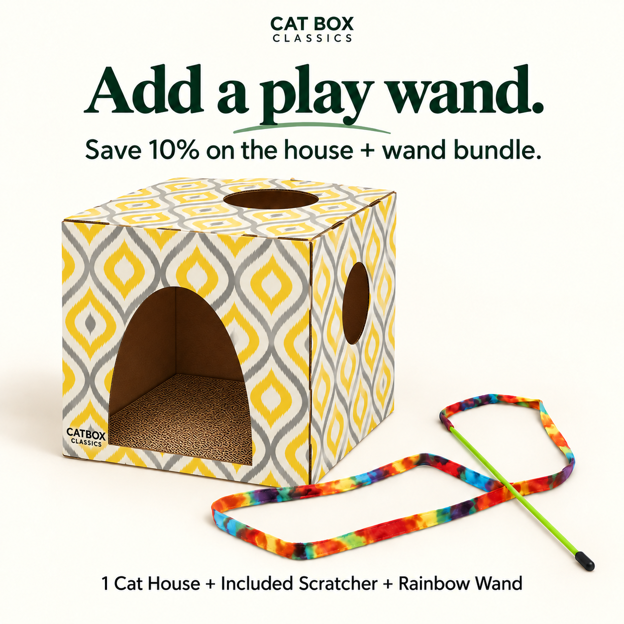 Meow Yellow Cardboard Cat House with Scratcher