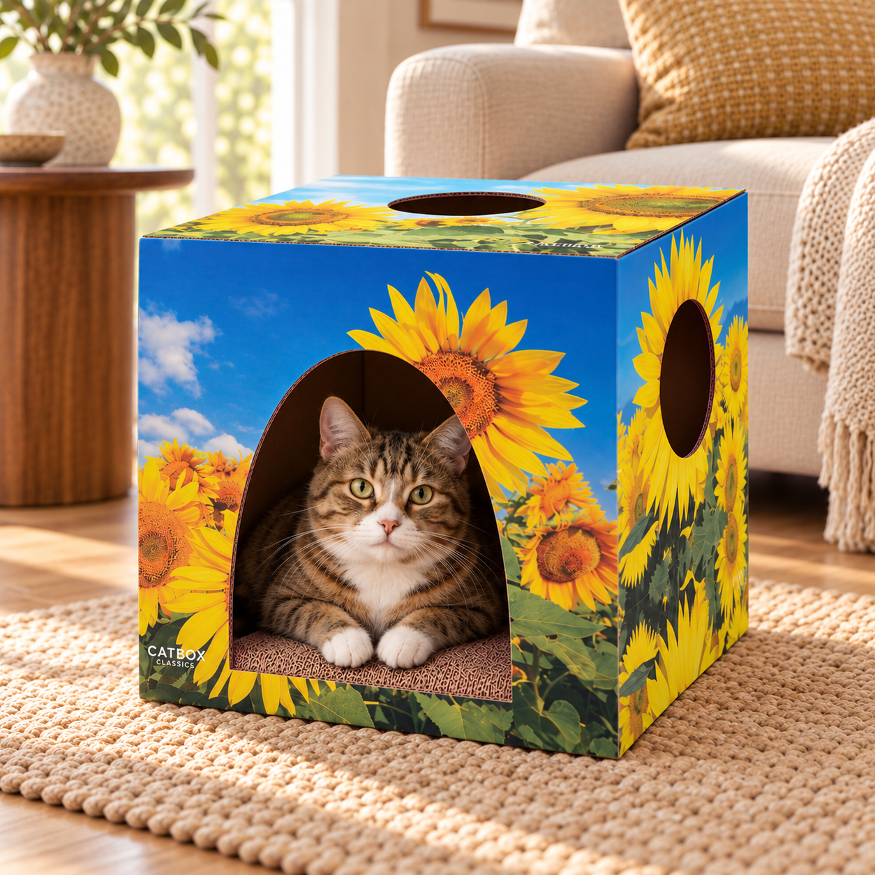 Sunflowers Cardboard Cat House with Scratcher