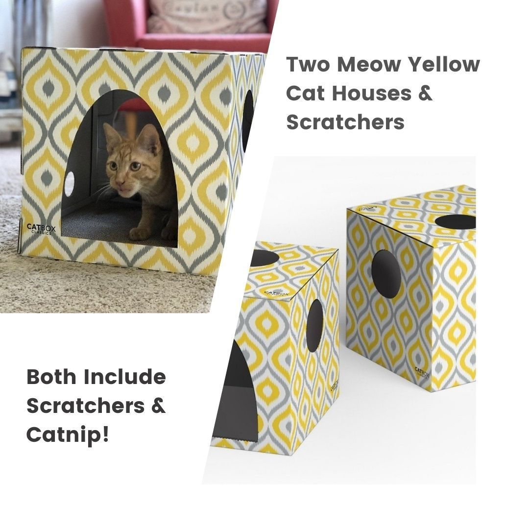 Meow Yellow Cat House with Scratcher - Cat Box Classics