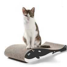 Load image into Gallery viewer, Gray and white cat sitting on Whale Buddy Cardboard Cat Scratcher

