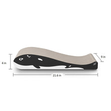 Load image into Gallery viewer, Whale Buddy cardboard cat scratcher with dimensions
